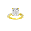 Emerald-cut diamond engagement ring in 14k yellow gold with a prong-set diamond band and twist setting