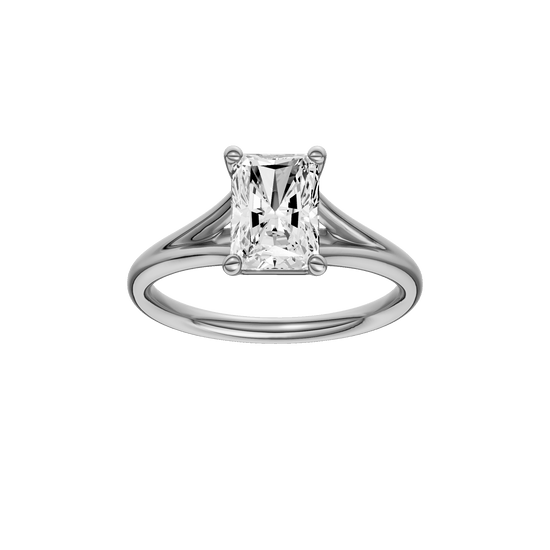 Radiant-cut diamond engagement ring with a plain band and solitaire setting.
