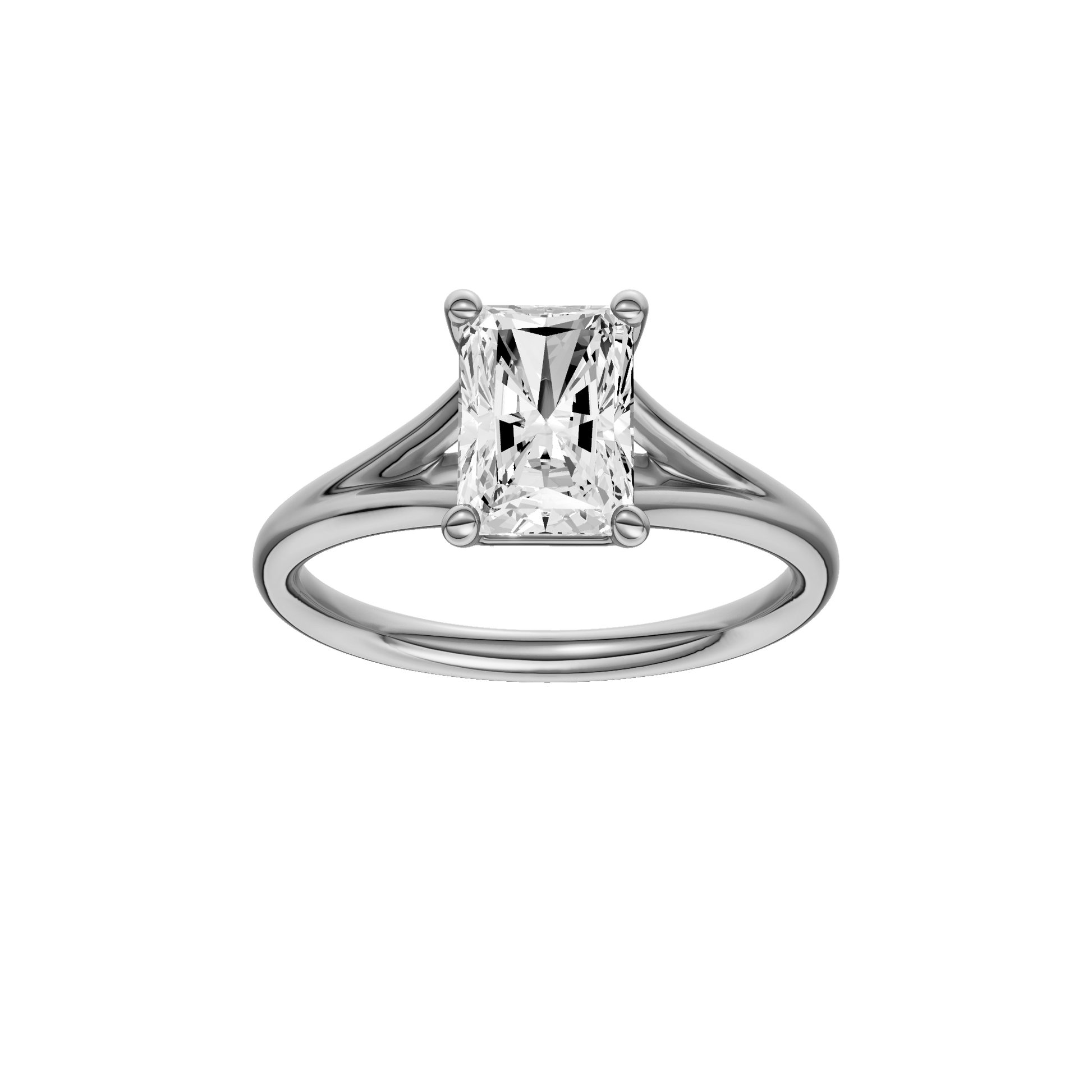 Radiant-cut diamond engagement ring with a plain band and solitaire setting.