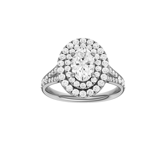 Oval-cut diamond engagement ring with a channel-set diamond band and double-halo setting.