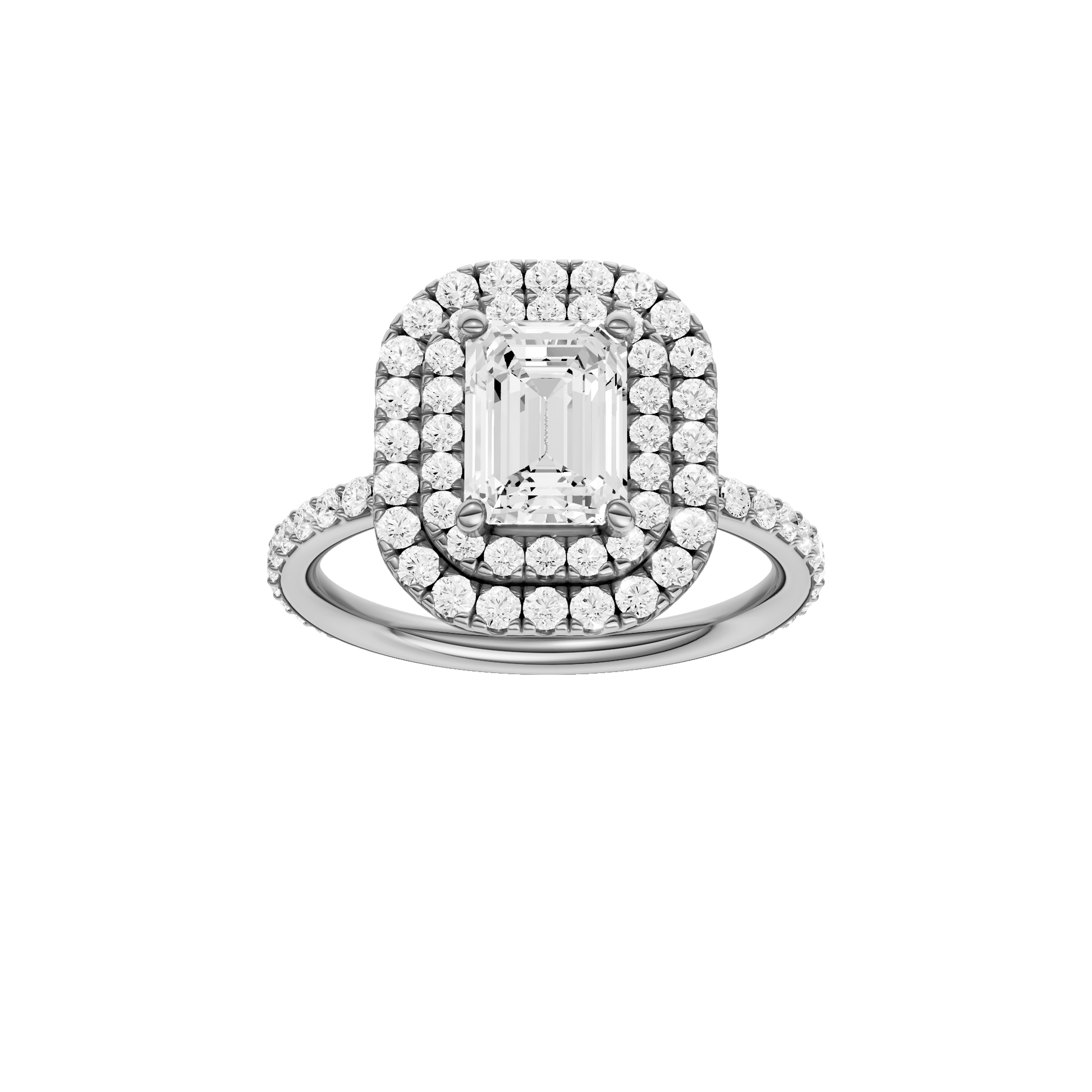 Emerald-cut diamond engagement ring with a prong-set diamond band and double-halo setting.