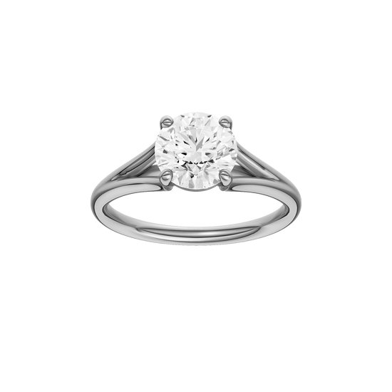 Round-cut diamond engagement ring with a plain band and solitaire setting.