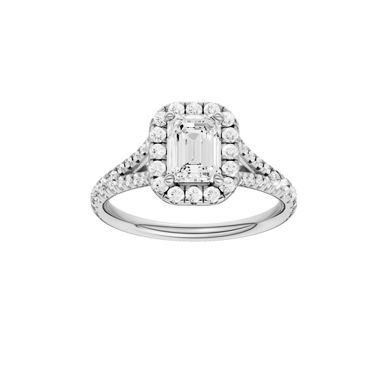 Emerald-cut diamond engagement ring with a prong-set diamond band and halo setting.