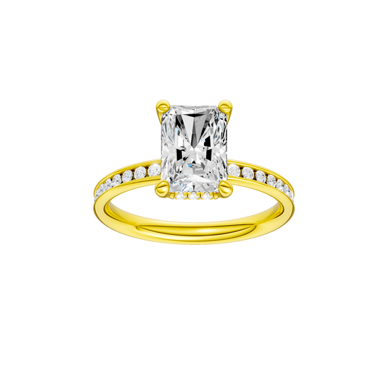 Radiant-cut diamond engagement ring with a channel-set diamond band and hidden-halo setting.