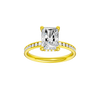 Radiant-cut diamond engagement ring with a channel-set diamond band and hidden-halo setting.