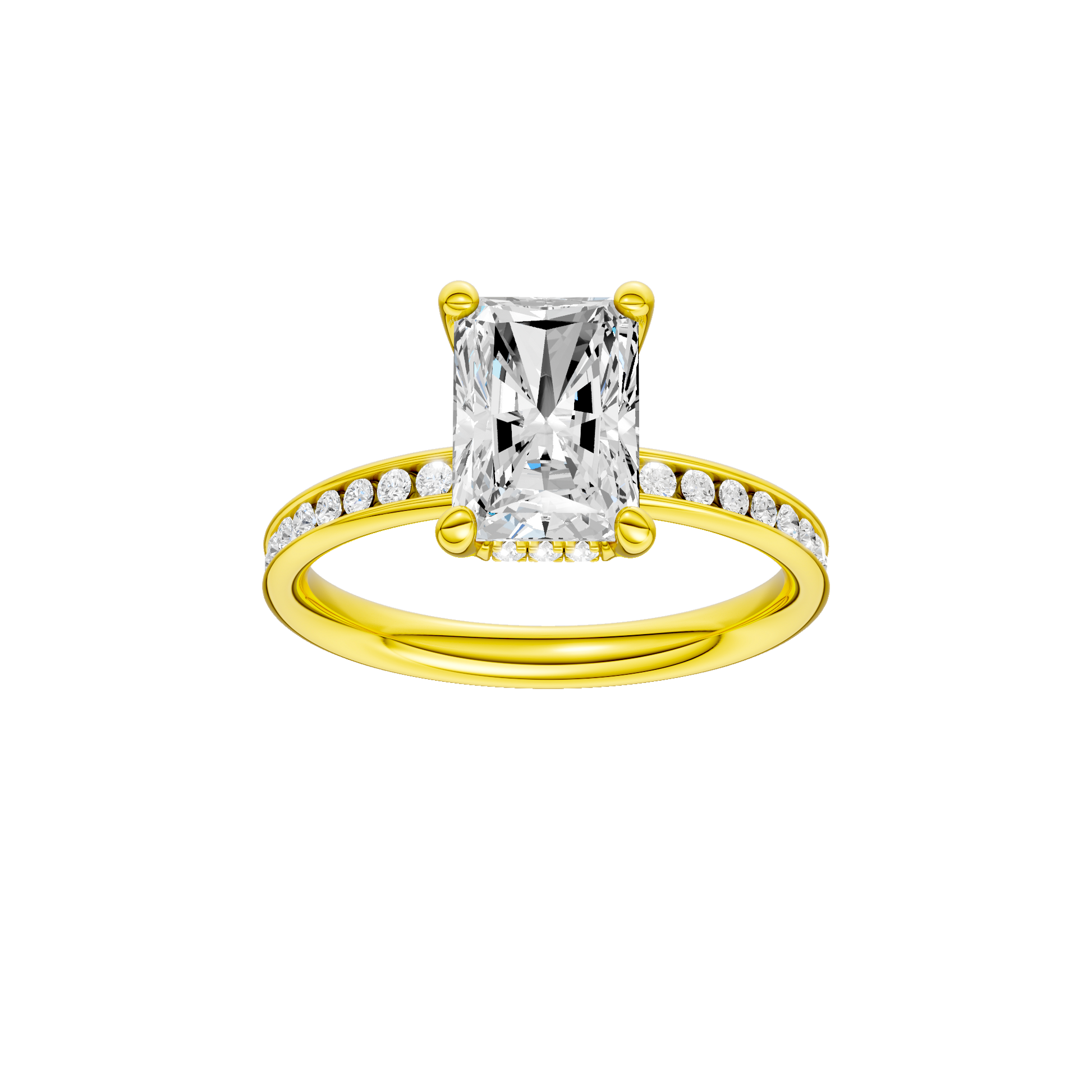 Radiant-cut diamond engagement ring with a channel-set diamond band and hidden-halo setting.
