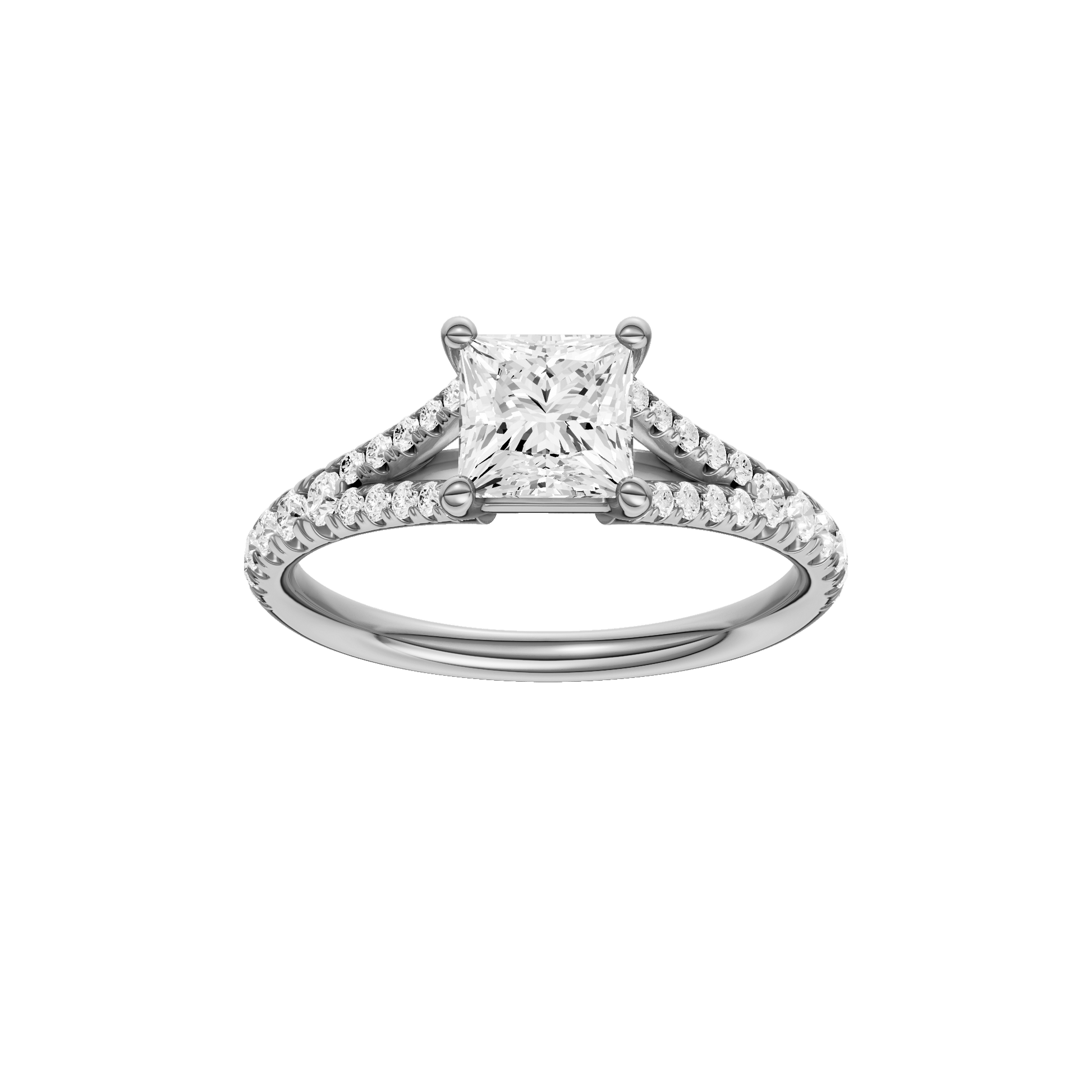 Princess-cut diamond engagement ring with a prong-set diamond band and solitaire setting.