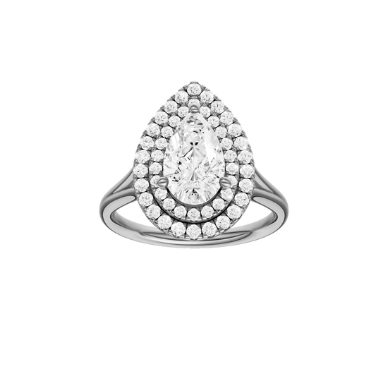 Pear-cut diamond engagement ring with a plain band and double-halo setting.