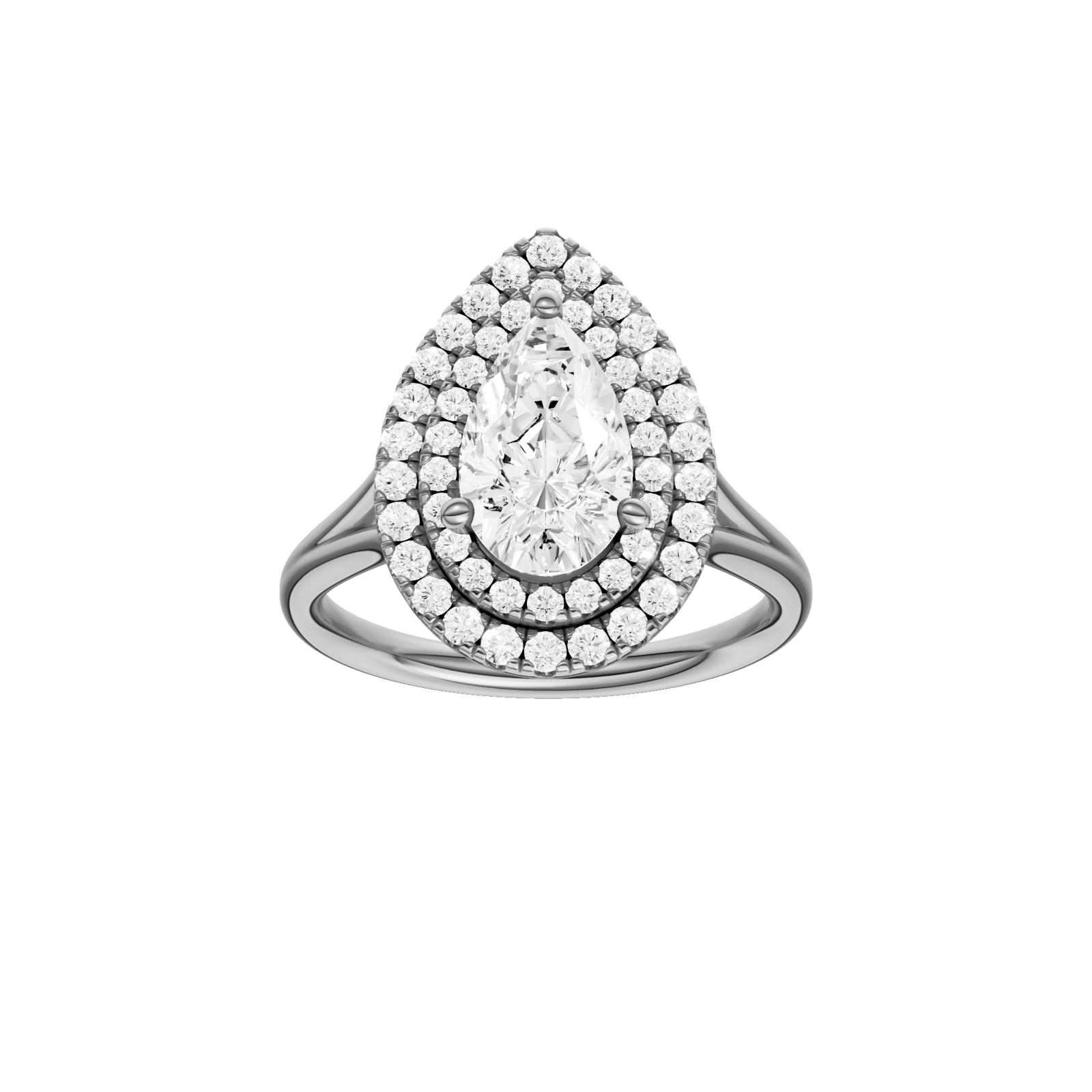 Pear-cut diamond engagement ring with a plain band and double-halo setting.