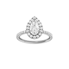 Pear-cut diamond engagement ring with a prong-set diamond band and halo setting.