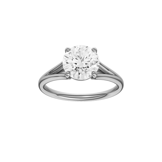 Round-cut diamond engagement ring with a plain band and solitaire setting.