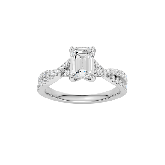 Emerald-cut diamond engagement ring in 14k white gold with a prong-set diamond band and twist setting