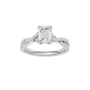 Emerald-cut diamond engagement ring in 14k white gold with a prong-set diamond band and twist setting