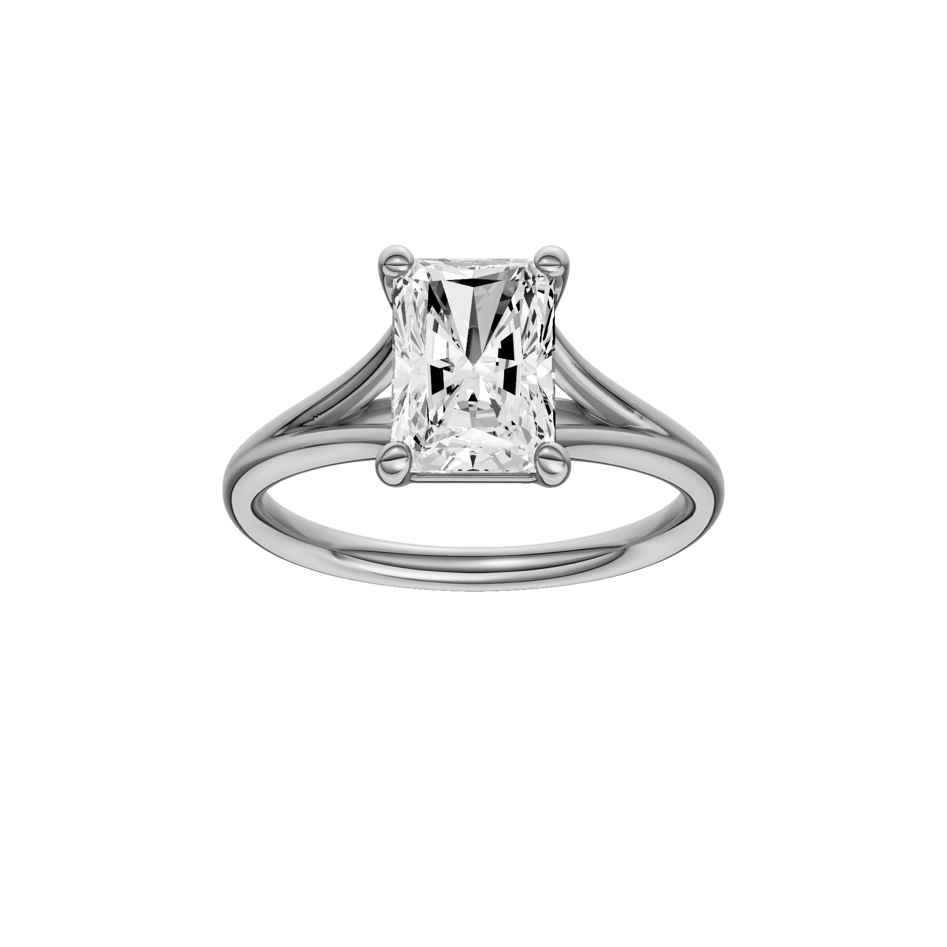 Radiant-cut diamond engagement ring with a plain band and solitaire setting.