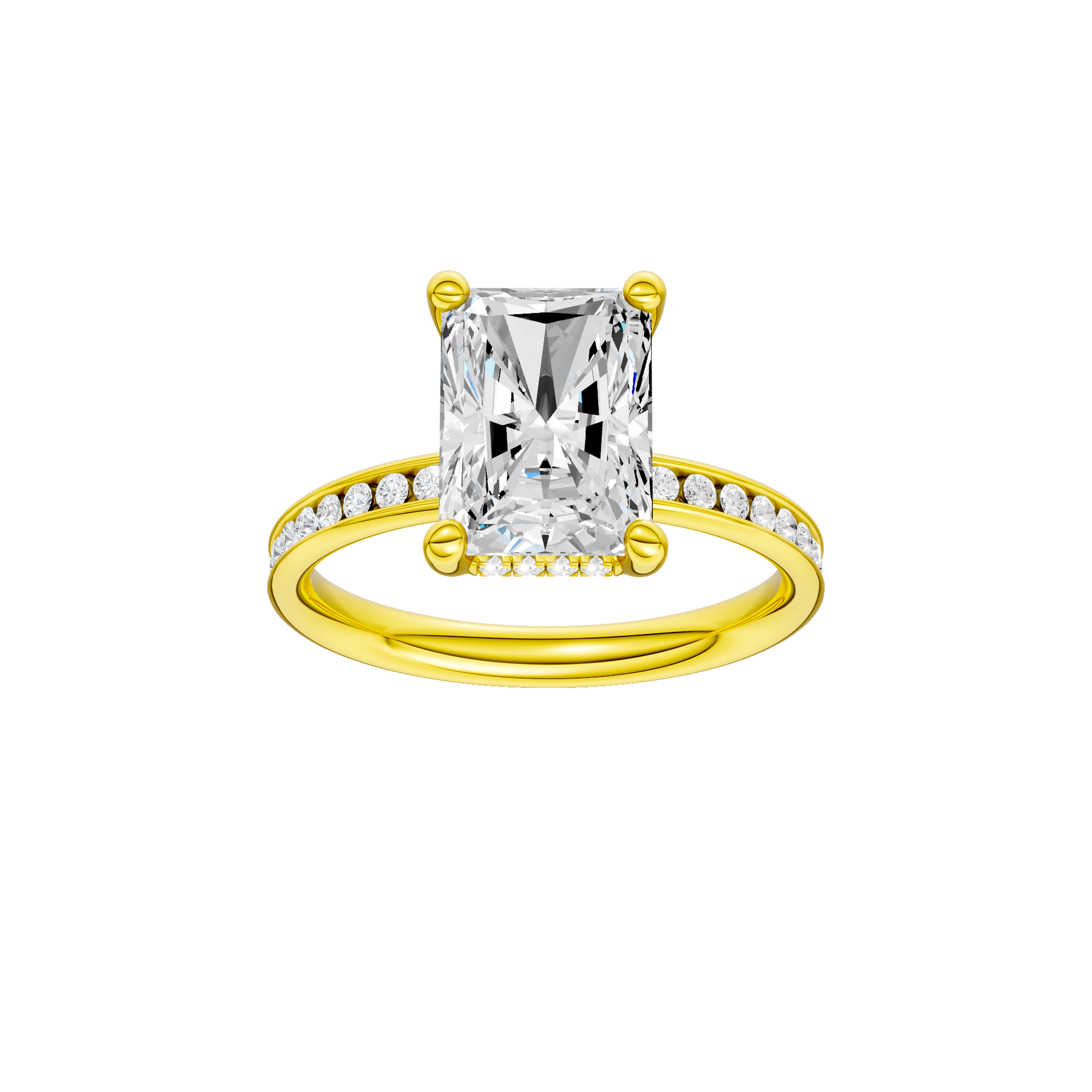 Radiant-cut diamond engagement ring with a channel-set diamond band and hidden-halo setting.