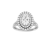 Oval-cut diamond engagement ring with a channel-set diamond band and double-halo setting.