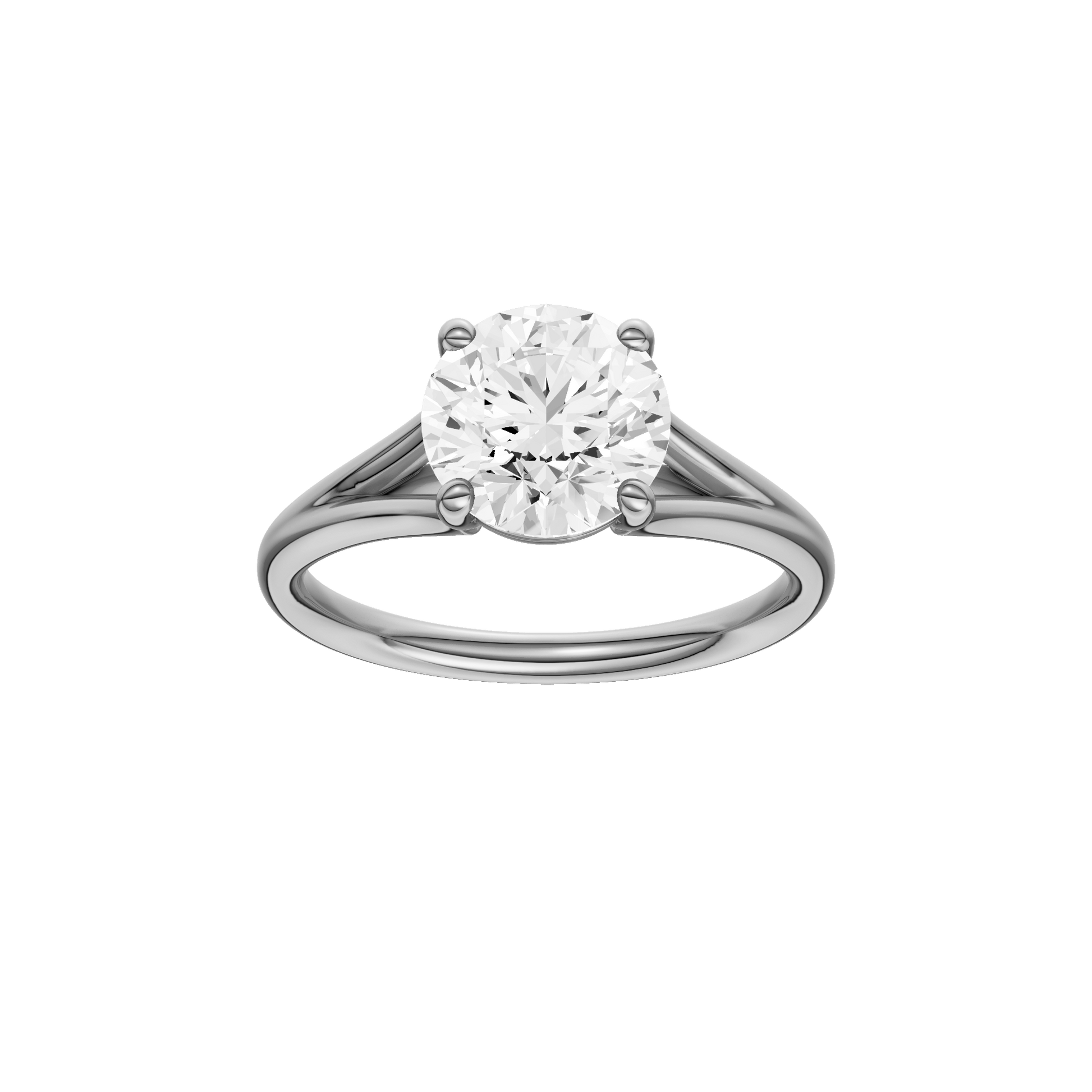 Round-cut diamond engagement ring with a plain band and solitaire setting.