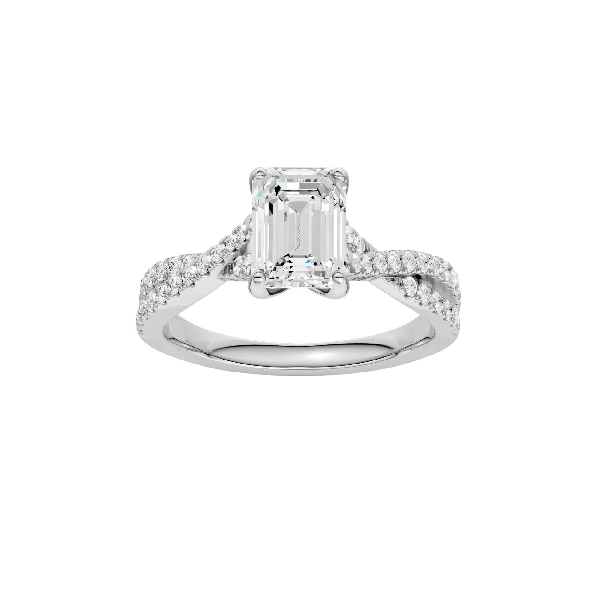 Emerald-cut diamond engagement ring in 14k white gold with a prong-set diamond band and twist setting