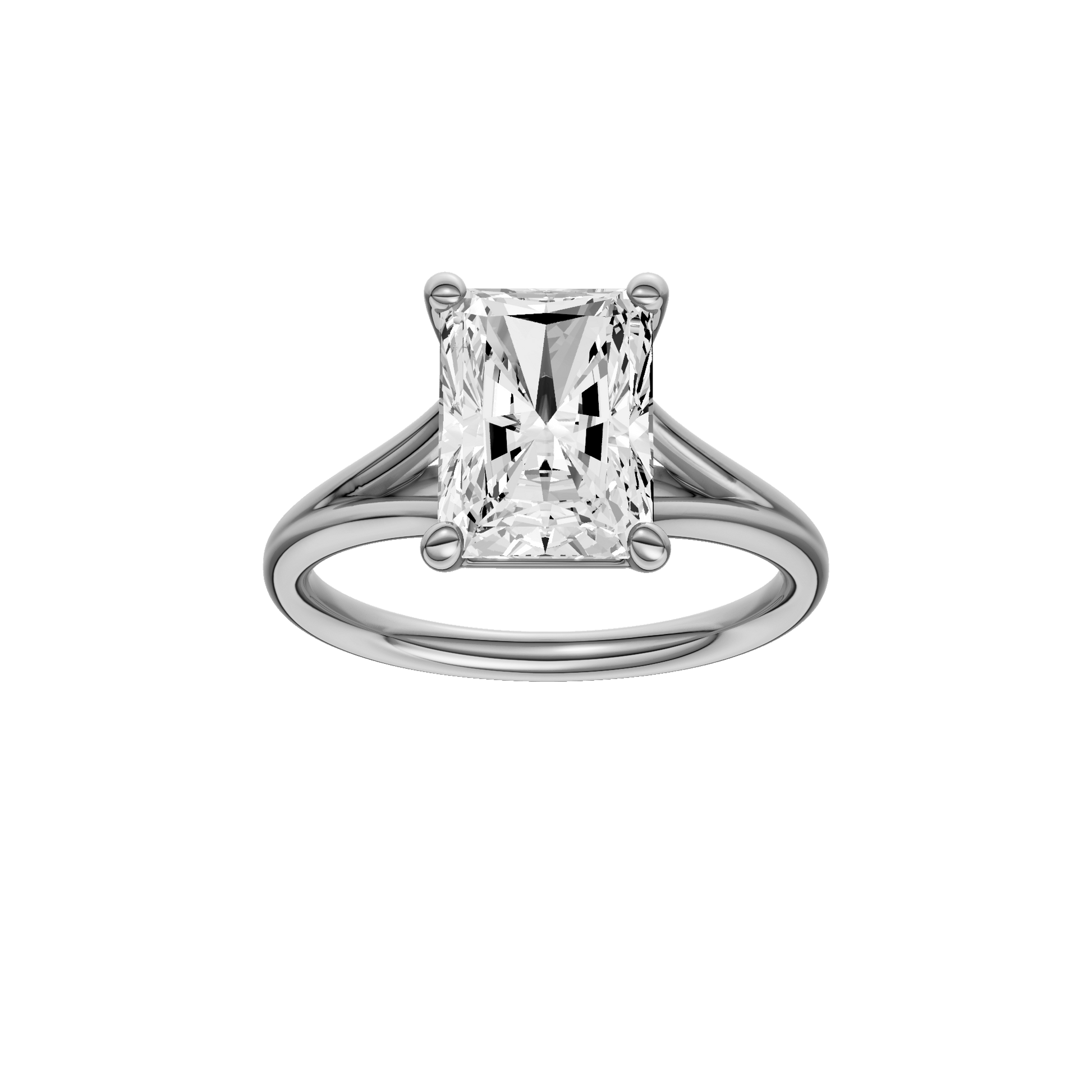 Radiant-cut diamond engagement ring with a plain band and solitaire setting.
