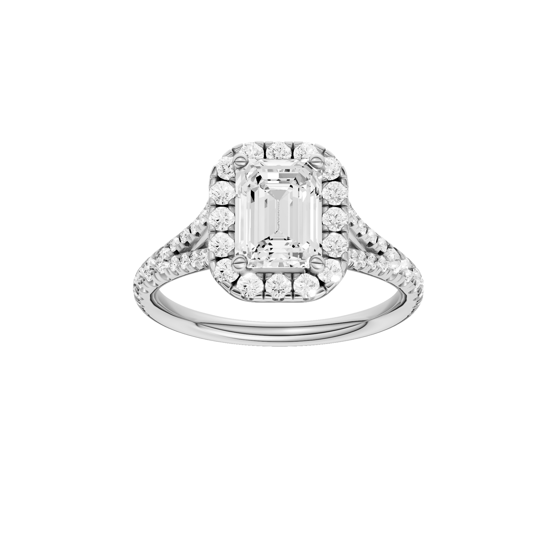 Emerald-cut diamond engagement ring with a prong-set diamond band and halo setting.