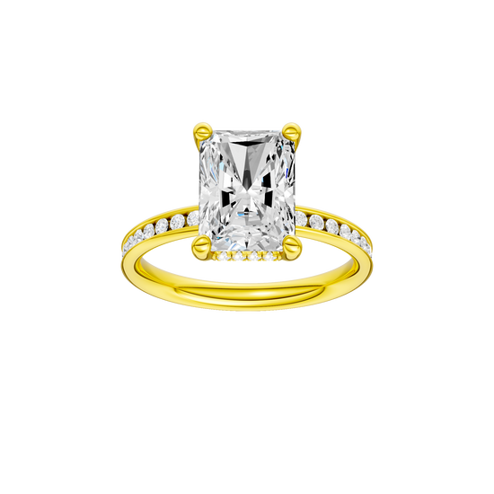 Radiant-cut diamond engagement ring with a channel-set diamond band and hidden-halo setting.
