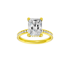 Radiant-cut diamond engagement ring with a channel-set diamond band and hidden-halo setting.