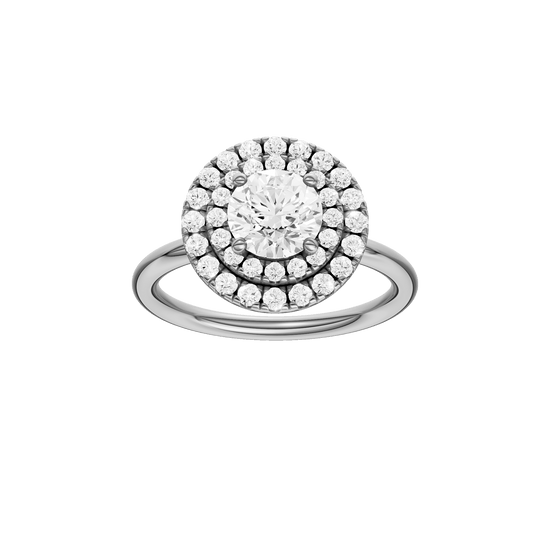Round-cut diamond engagement ring with a plain band and double-halo setting.