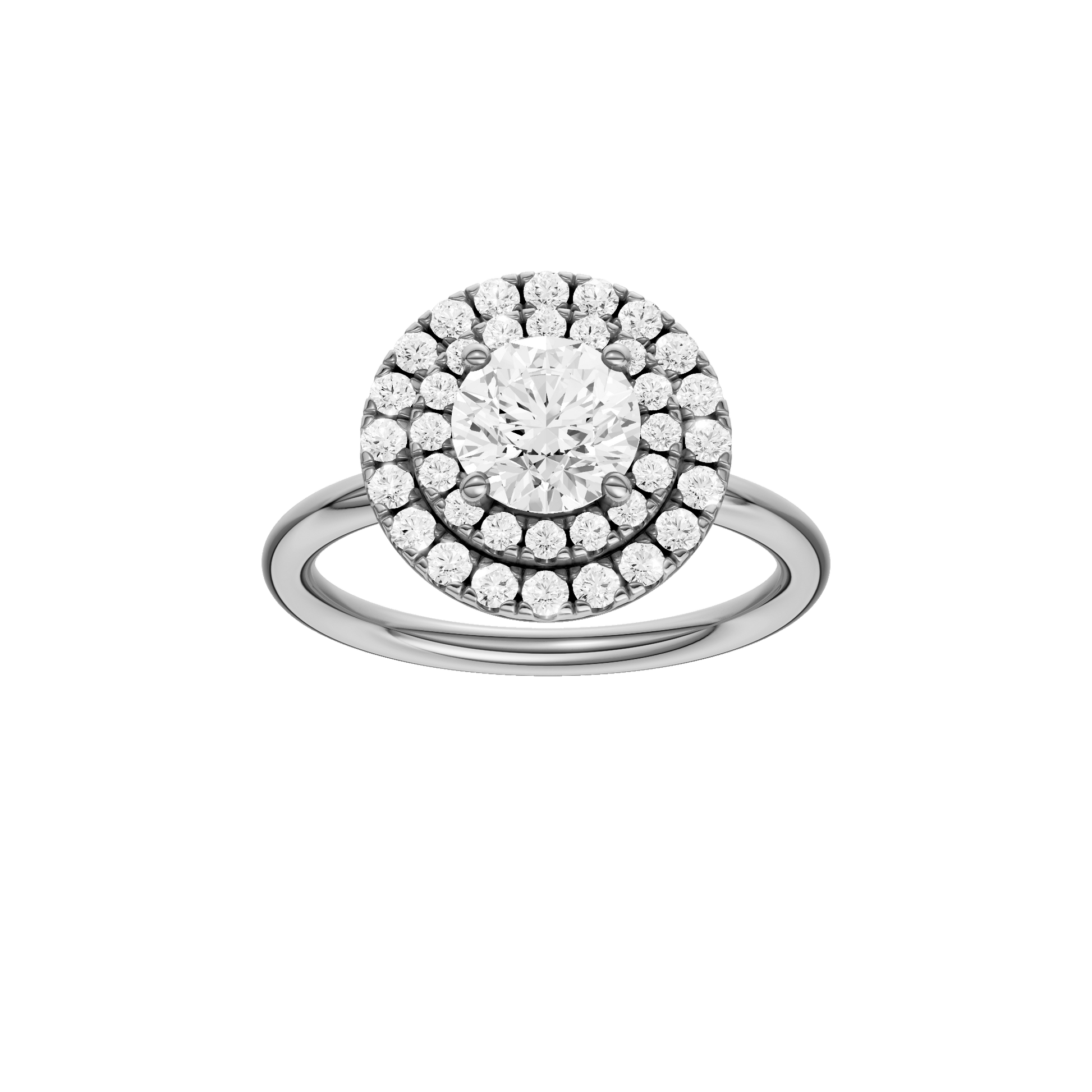 Round-cut diamond engagement ring with a plain band and double-halo setting.