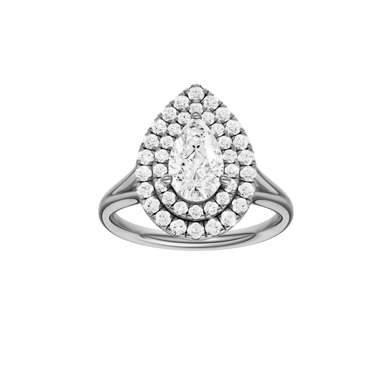Pear-cut diamond engagement ring with a plain band and double-halo setting.