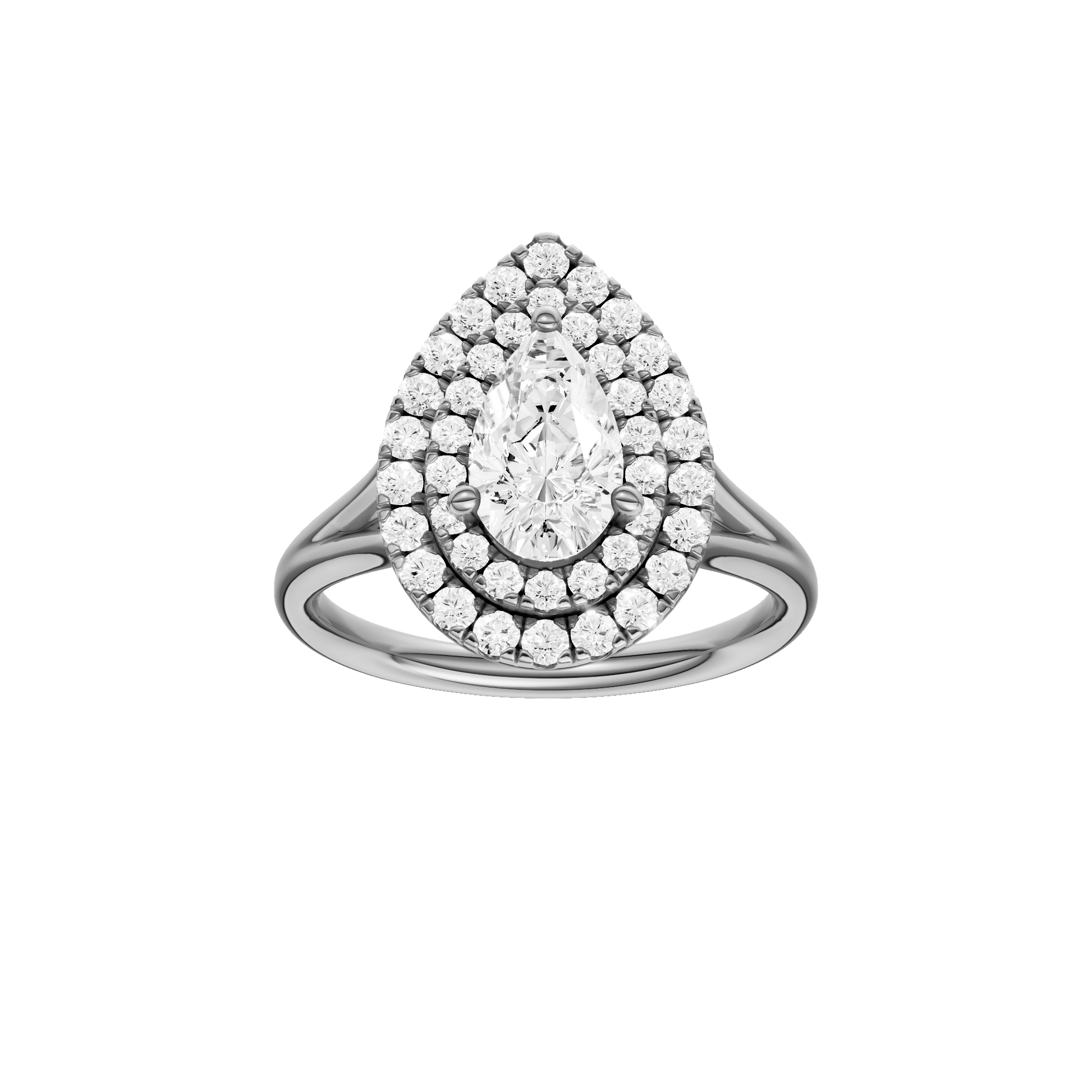 Pear-cut diamond engagement ring with a plain band and double-halo setting.