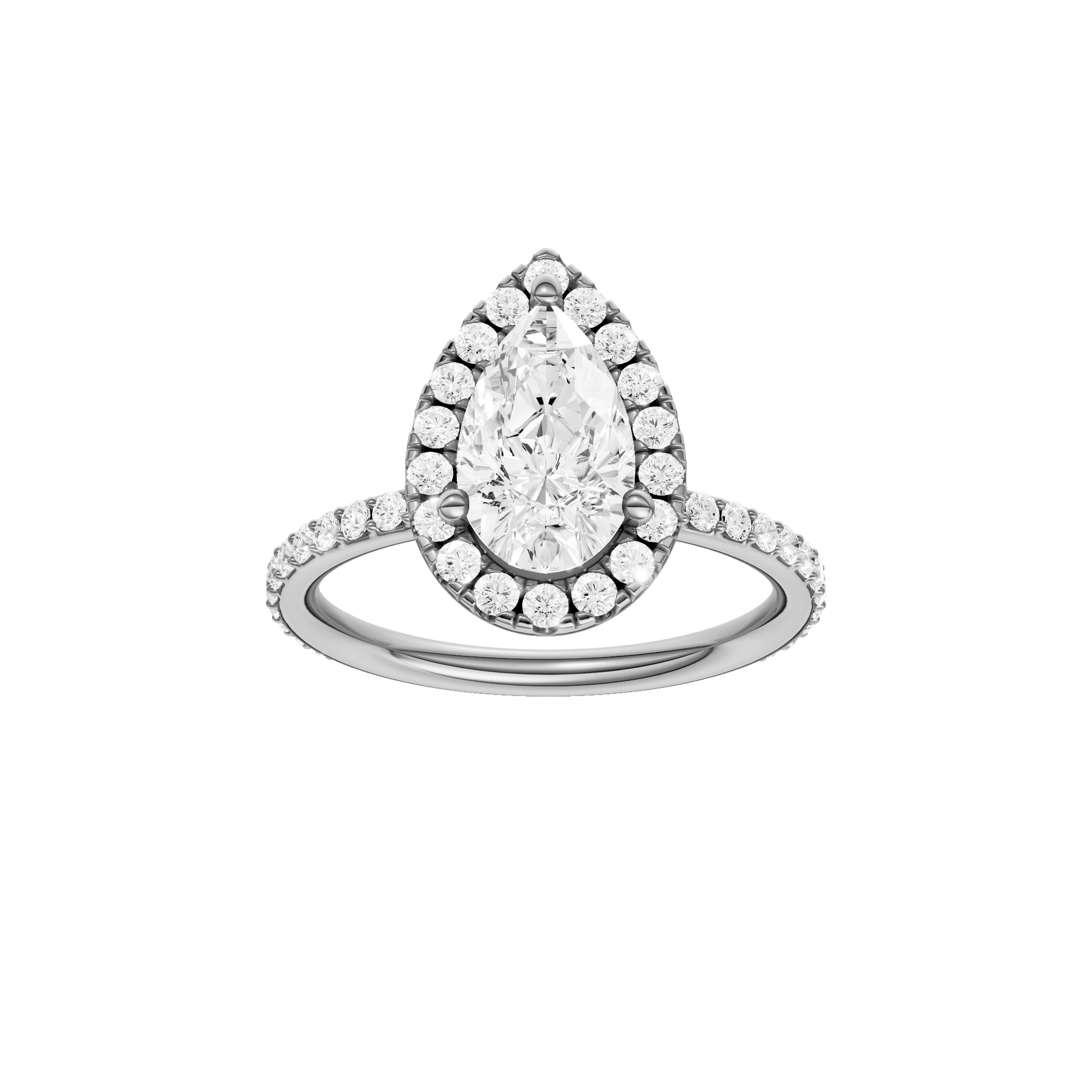 Pear-cut diamond engagement ring with a prong-set diamond band and halo setting.