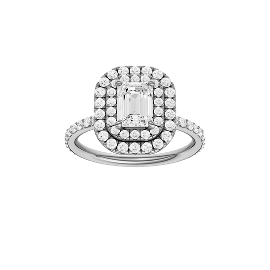 Emerald-cut diamond engagement ring with a prong-set diamond band and double-halo setting.