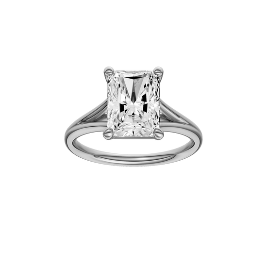 Radiant-cut diamond engagement ring with a plain band and solitaire setting.