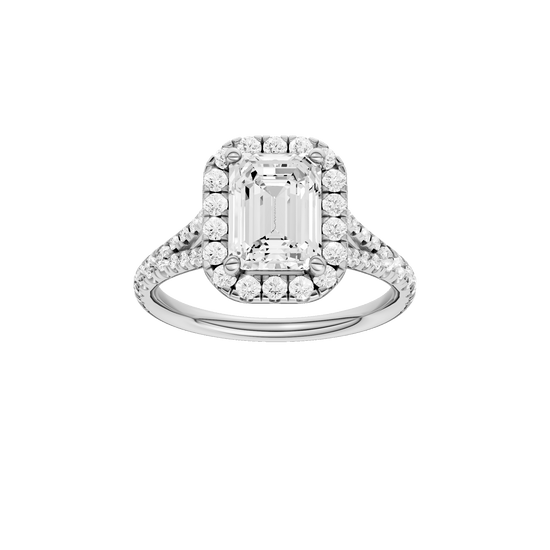 Emerald-cut diamond engagement ring with a prong-set diamond band and halo setting.