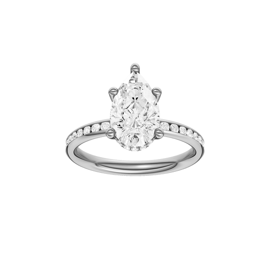 Pear-cut diamond engagement ring with a channel-set diamond band and hidden-halo setting.