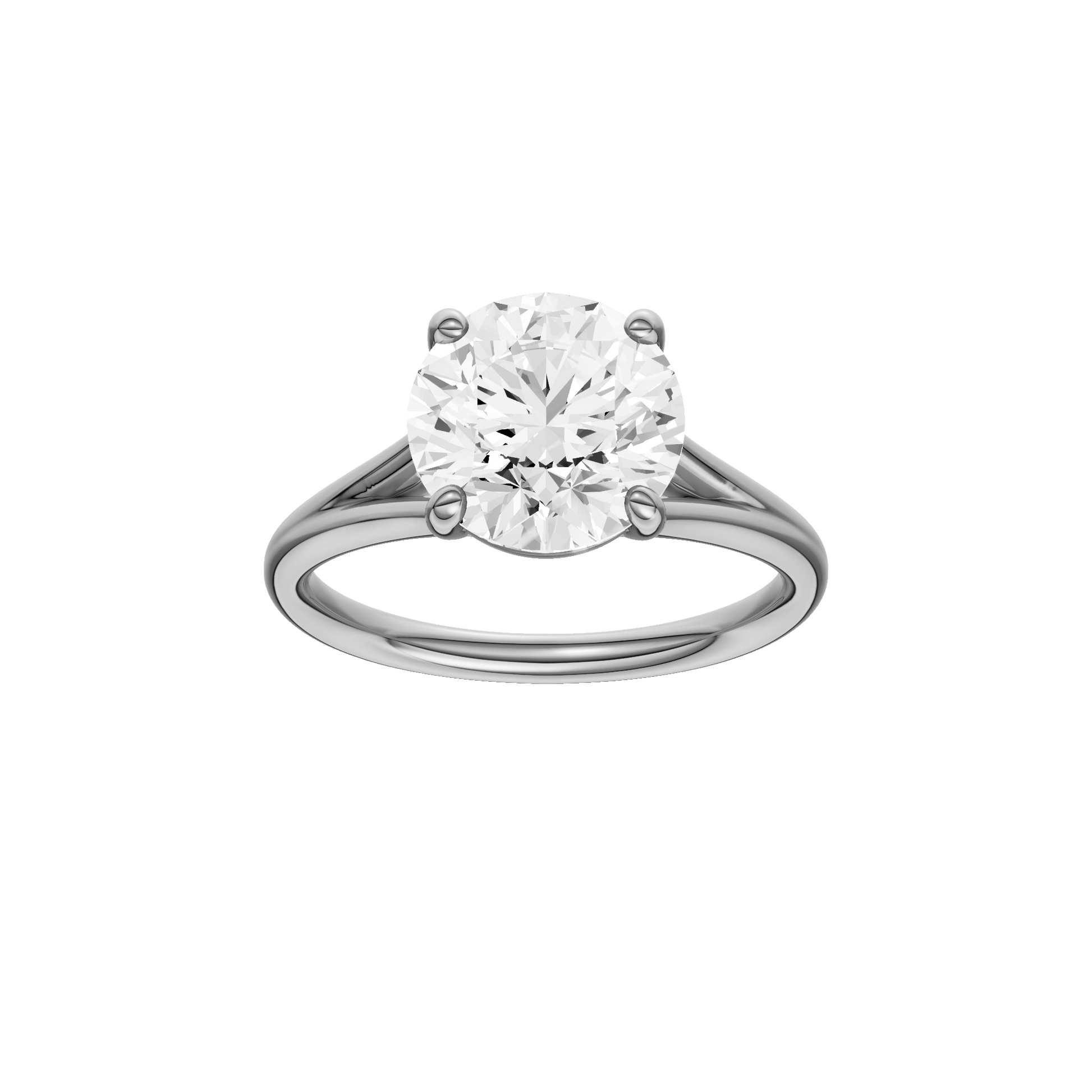 Round-cut diamond engagement ring with a plain band and solitaire setting.