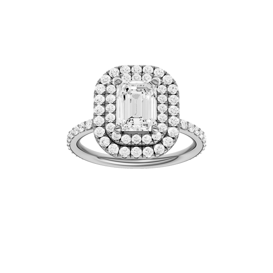 Emerald-cut diamond engagement ring with a prong-set diamond band and double-halo setting.