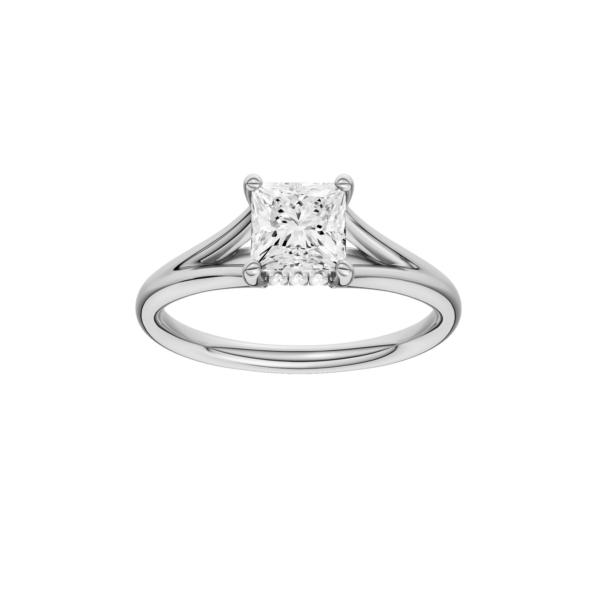 Princess-cut diamond engagement ring with a plain band and hidden-halo setting.