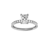 Radiant-cut diamond engagement ring with a channel-set diamond band and hidden-halo setting.
