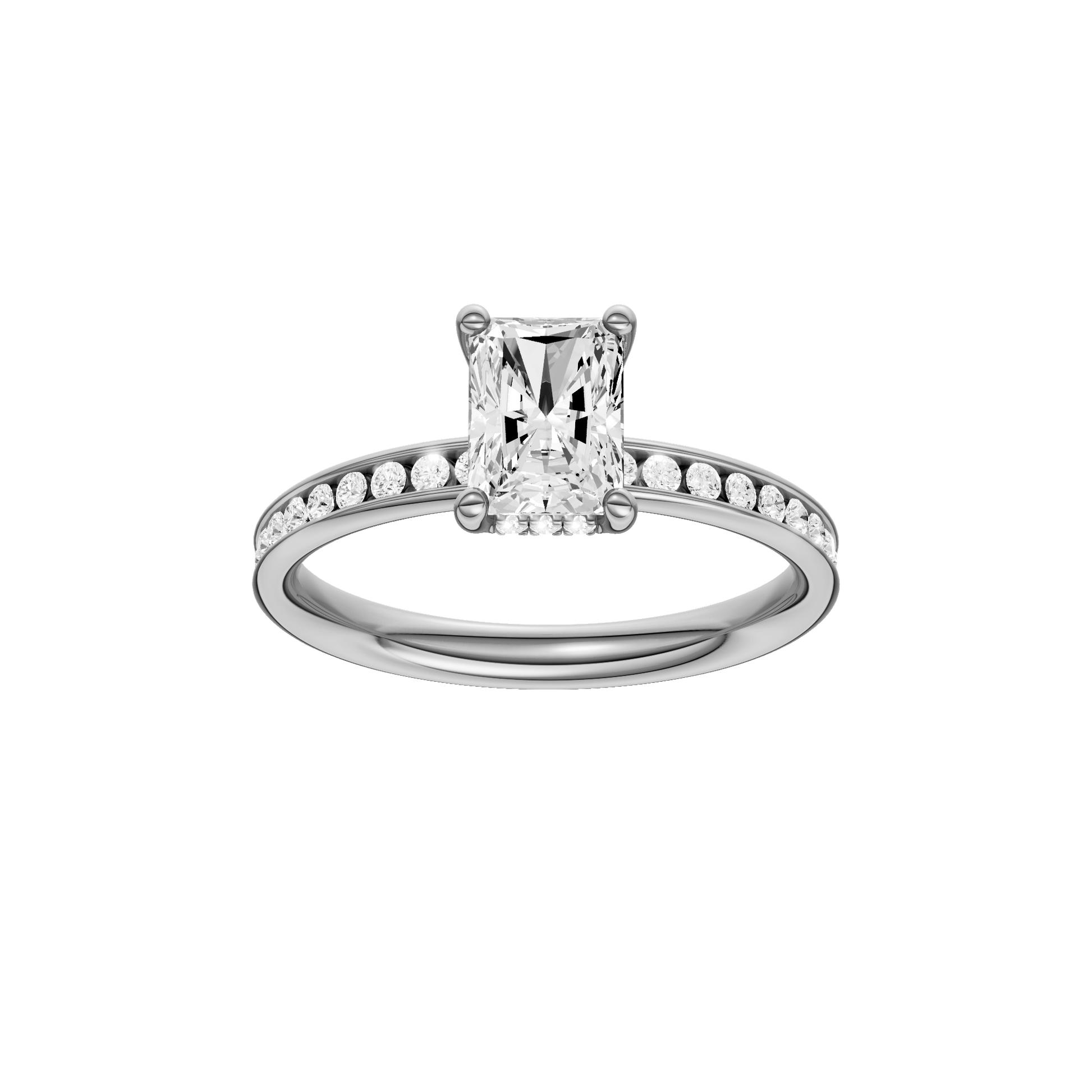 Radiant-cut diamond engagement ring with a channel-set diamond band and hidden-halo setting.
