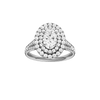 Oval-cut diamond engagement ring with a channel-set diamond band and double-halo setting.