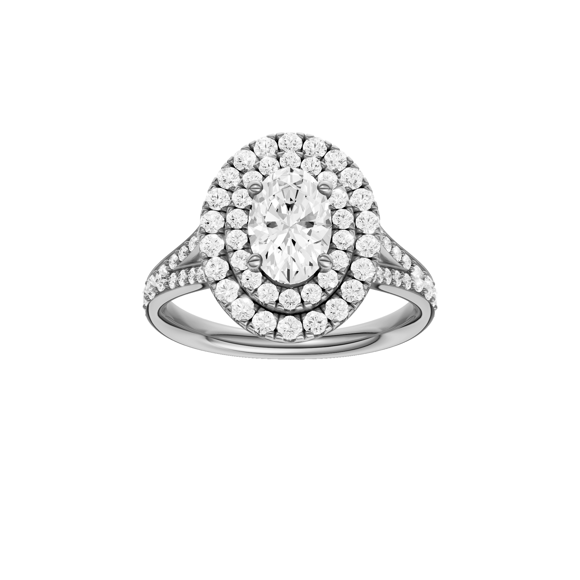Oval-cut diamond engagement ring with a channel-set diamond band and double-halo setting.