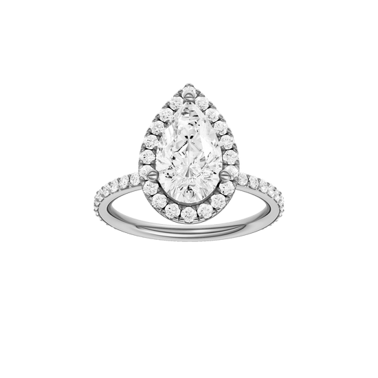Pear-cut diamond engagement ring with a prong-set diamond band and halo setting.