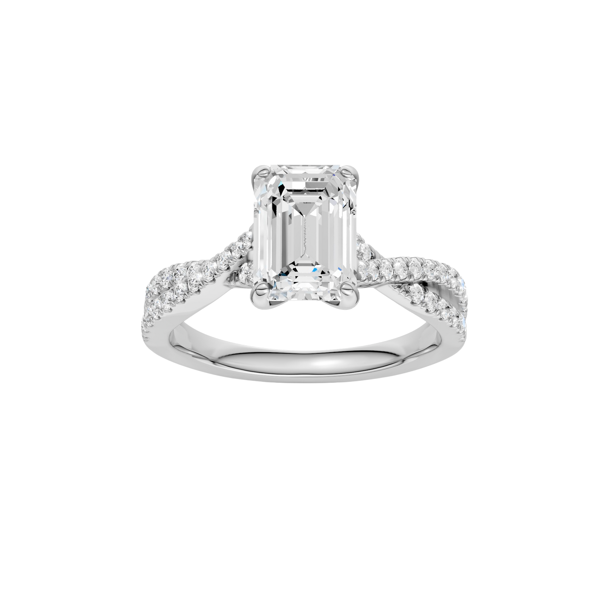 Emerald-cut diamond engagement ring in 14k white gold with a prong-set diamond band and twist setting