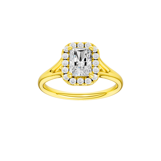Radiant-cut diamond engagement ring with a plain band and halo setting.
