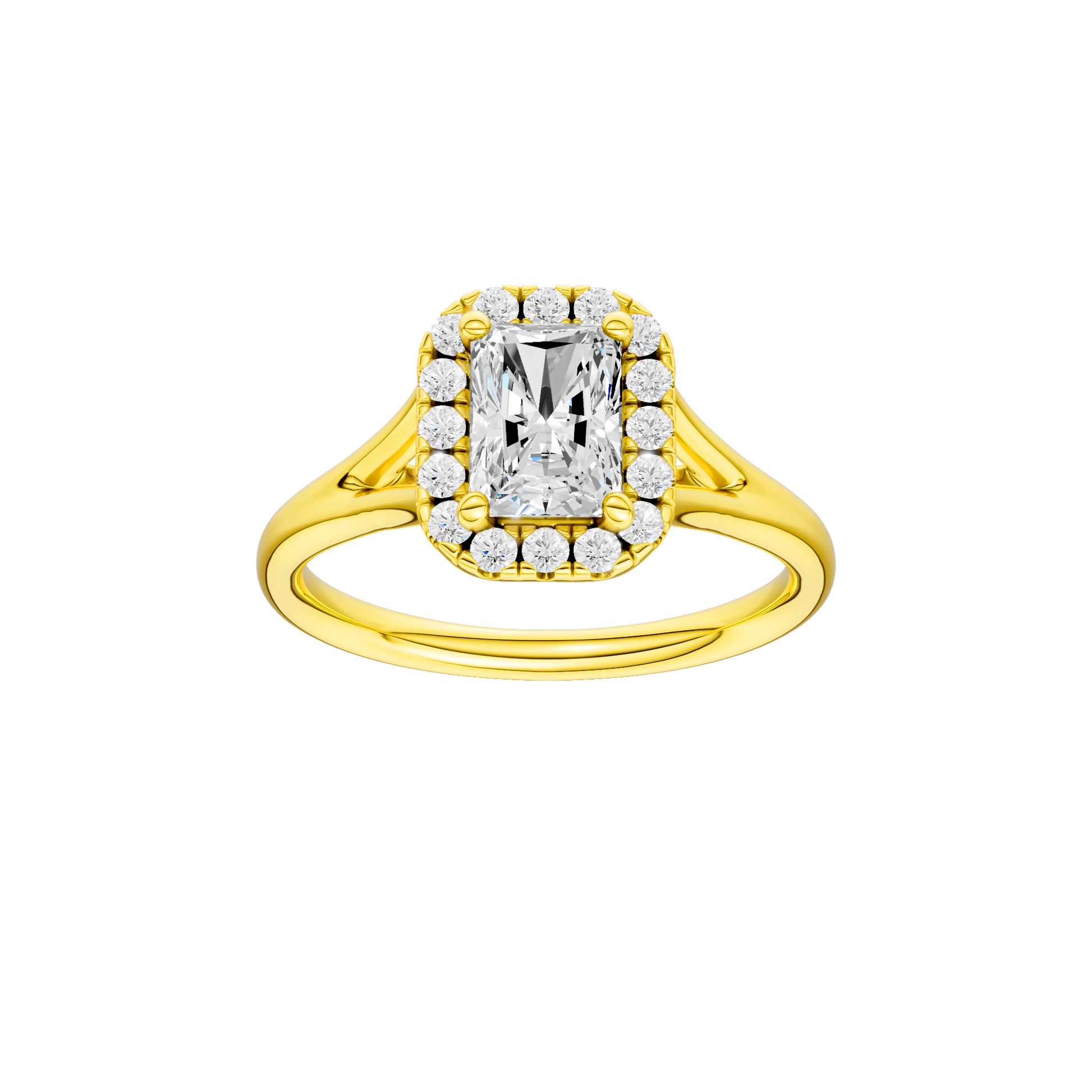 Radiant-cut diamond engagement ring with a plain band and halo setting.