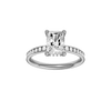 Radiant-cut diamond engagement ring with a channel-set diamond band and hidden-halo setting.