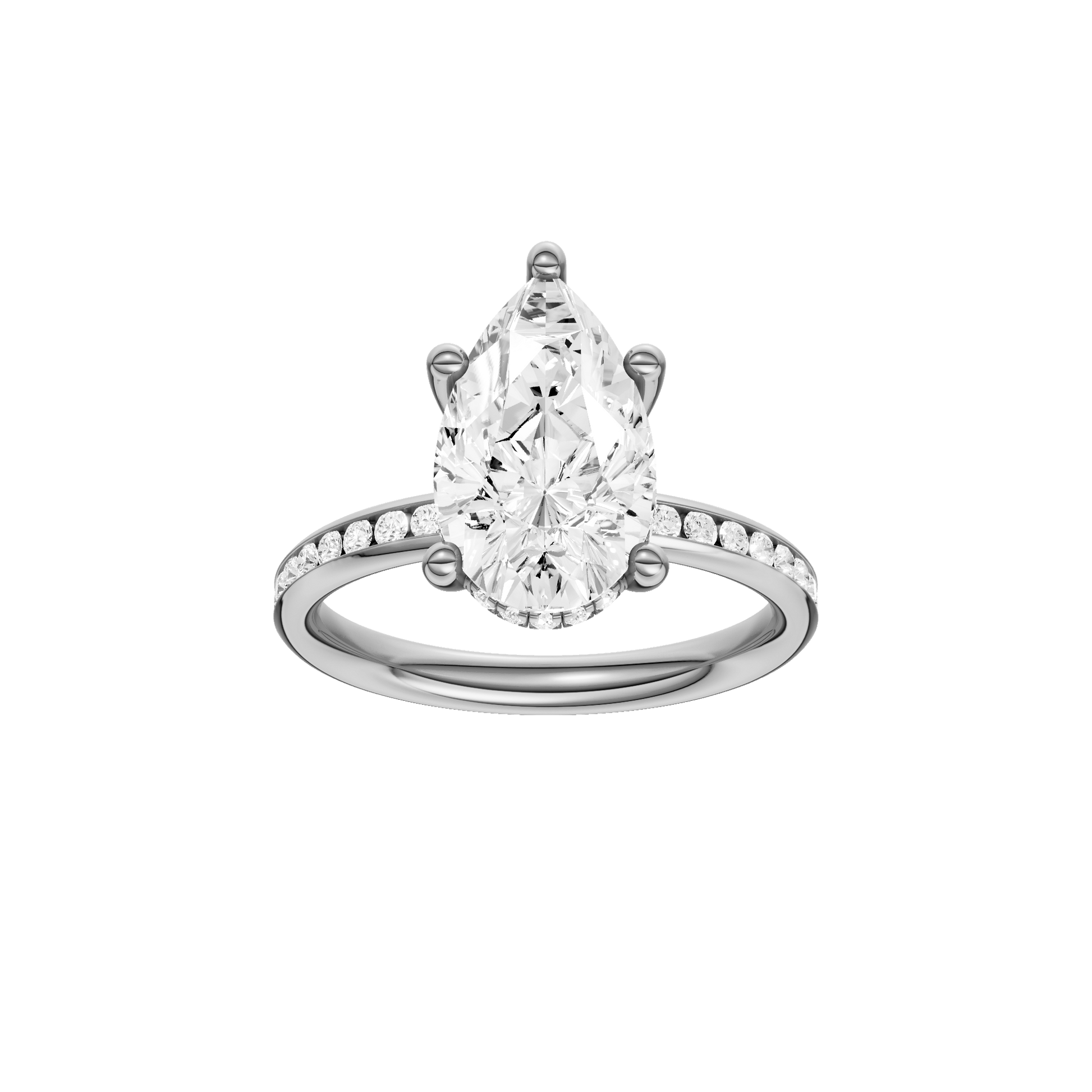 Pear-cut diamond engagement ring with a channel-set diamond band and hidden-halo setting.