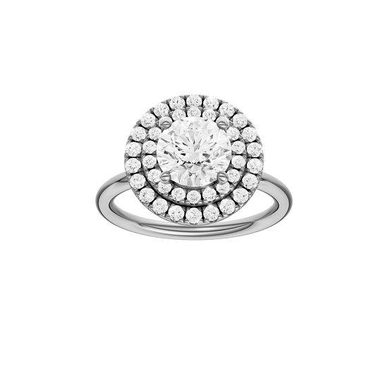Round-cut diamond engagement ring with a plain band and double-halo setting.