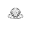 Round-cut diamond engagement ring with a plain band and double-halo setting.